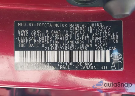 2007 Toyota Corolla Le из США, поврежденный, VIN 2T1BR32E67C849638